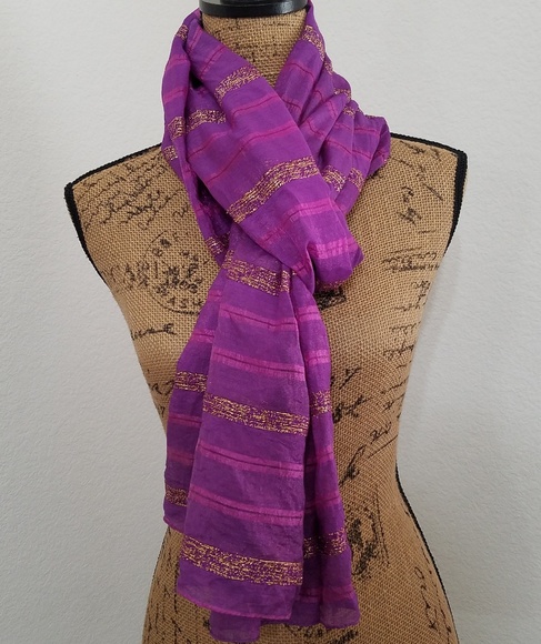 Vibrant purple magenta and metallic gold 19"x79" scarf shawl shoulder wrap - Picture 3 of 6